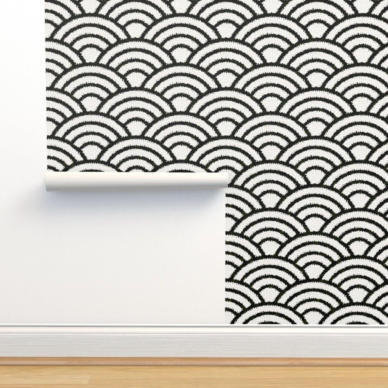 Rice And Nori Black White Japan Japanese Wave Geometric Monochrome Stripes Custom Removable Wallpaper by Spoonflower Peel & Stick Wallpaper 2FT Wide